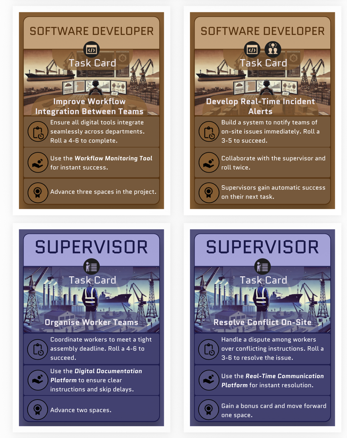 Examples of ShipCo role cards, such as Software Developer and Supervisor